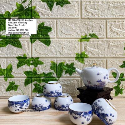Bộ Ấm Chén Hoa Xanh Viền Vàng